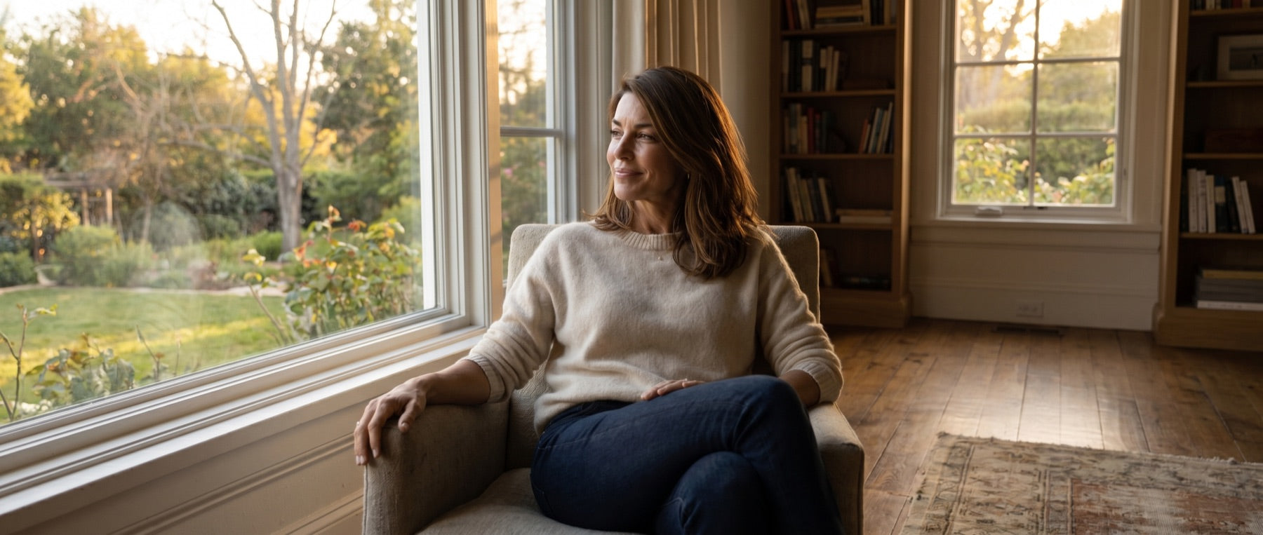 A woman at home in the early evening, glass of lemon creatine water nearby, settled into her routine.