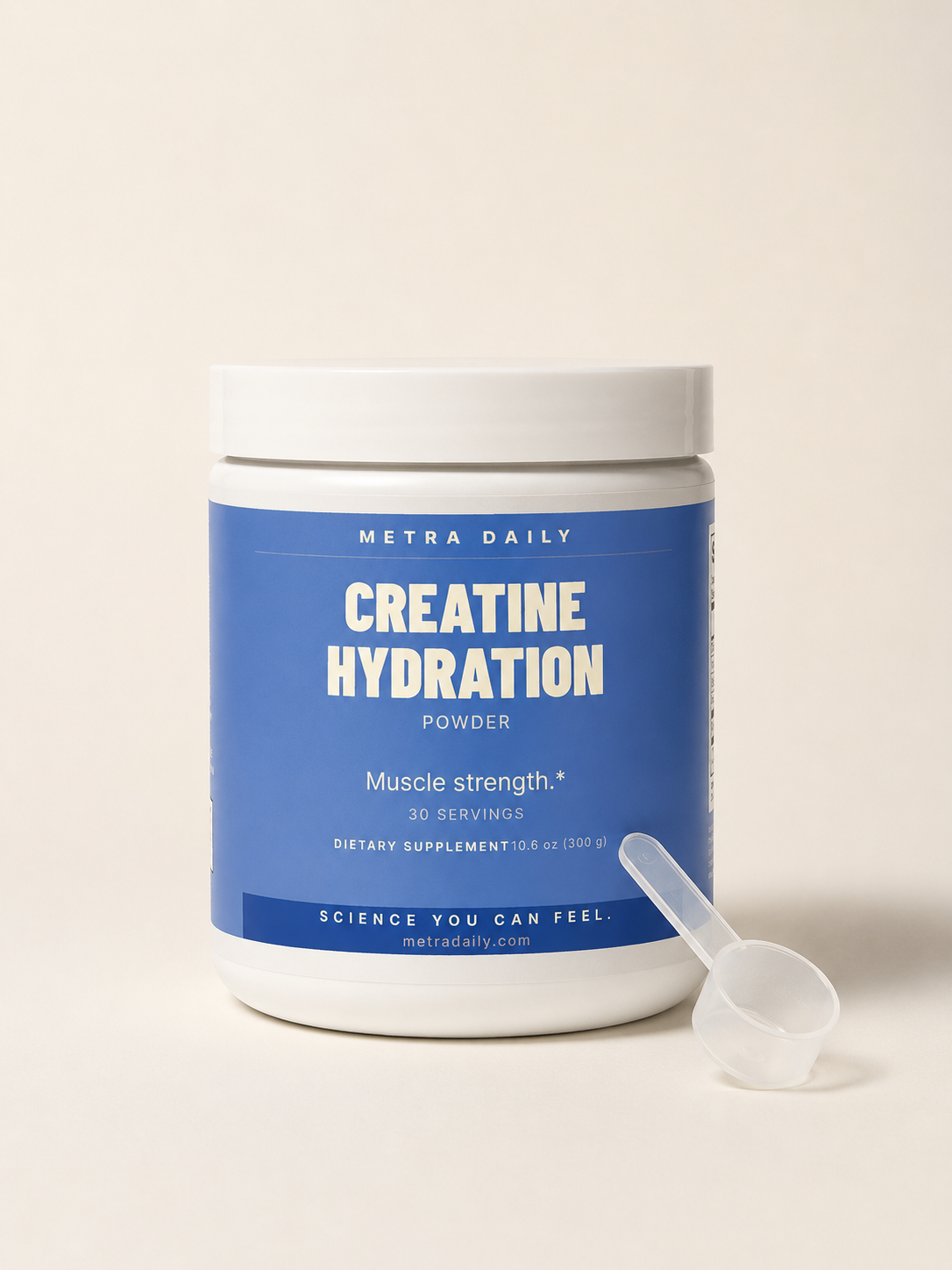 Metra Creatine Hydration Powder, a tub with a scoop, 30 servings