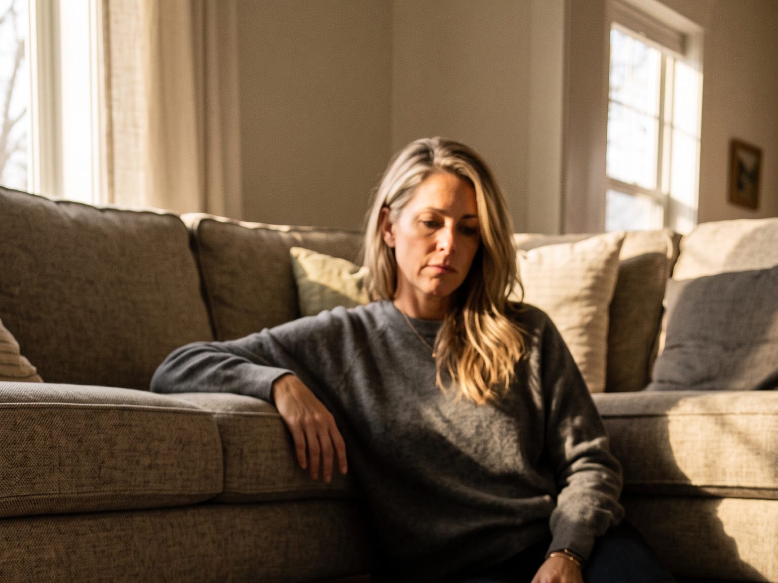 A woman in her forties sitting on the floor against the couch, a board game and toys spread out in front of her, late afternoon light on the wall.