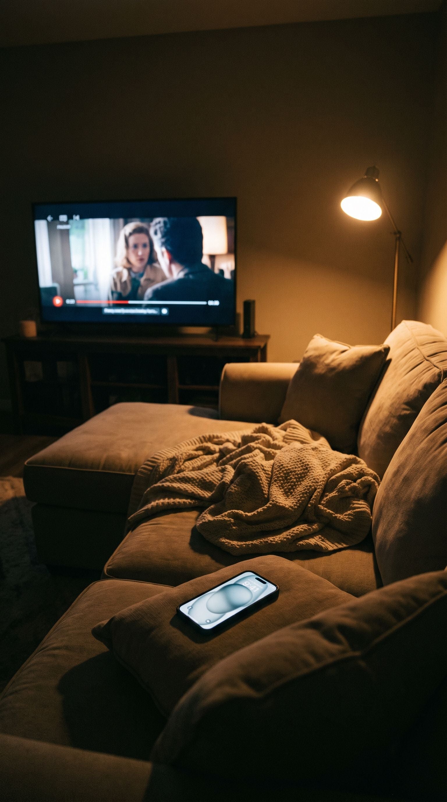 A dark living room, a movie paused on the TV, an empty blanket on the couch.