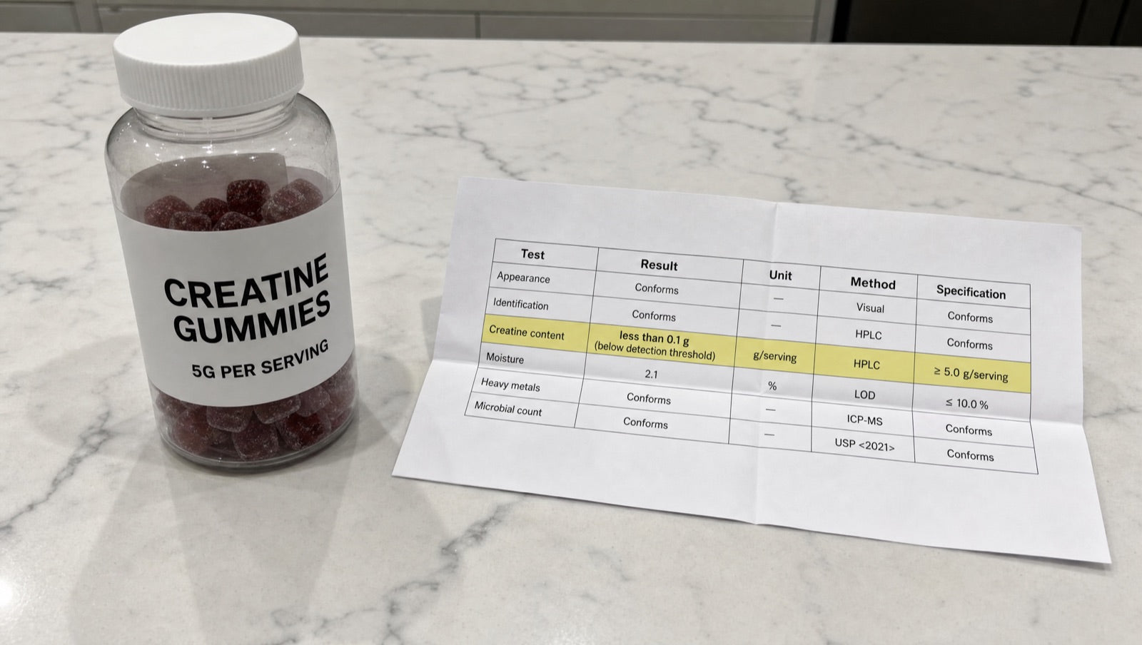 A creatine gummy bottle beside a lab assay report showing almost no creatine.
